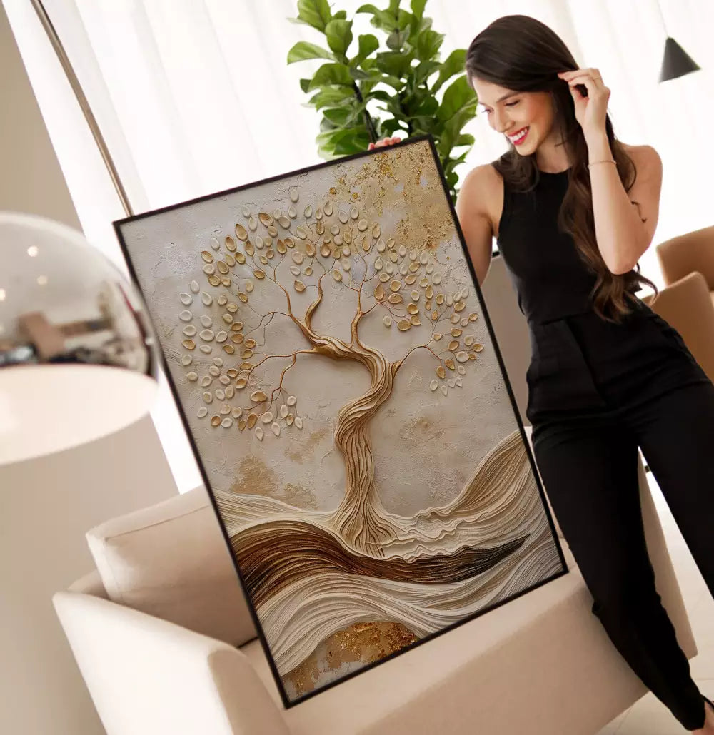 Quadro Decorativo Árvore Esculpida Folhas Brancas e Douradas Textura Estilo Gesso · foto 3