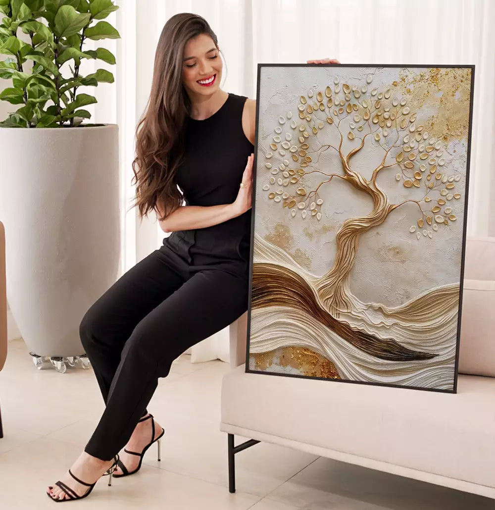 Quadro Decorativo Árvore Esculpida Folhas Brancas e Douradas Textura Estilo Gesso · foto 4