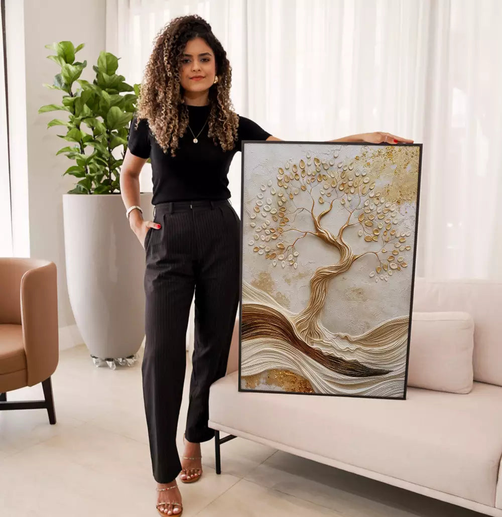 Quadro Decorativo Árvore Esculpida Folhas Brancas e Douradas Textura Estilo Gesso · foto 6