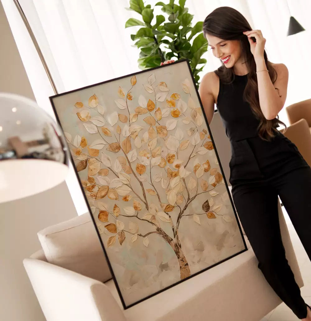 Quadro Decorativo Pintura Árvore das Grandes Folhas de Ouro Textura Estilo Gesso · foto 3