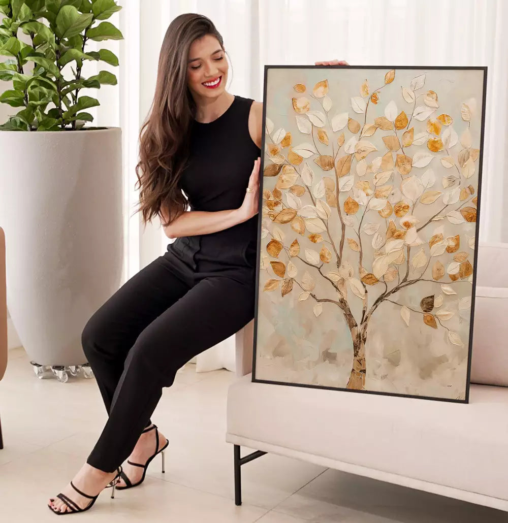 Quadro Decorativo Pintura Árvore das Grandes Folhas de Ouro Textura Estilo Gesso · foto 4