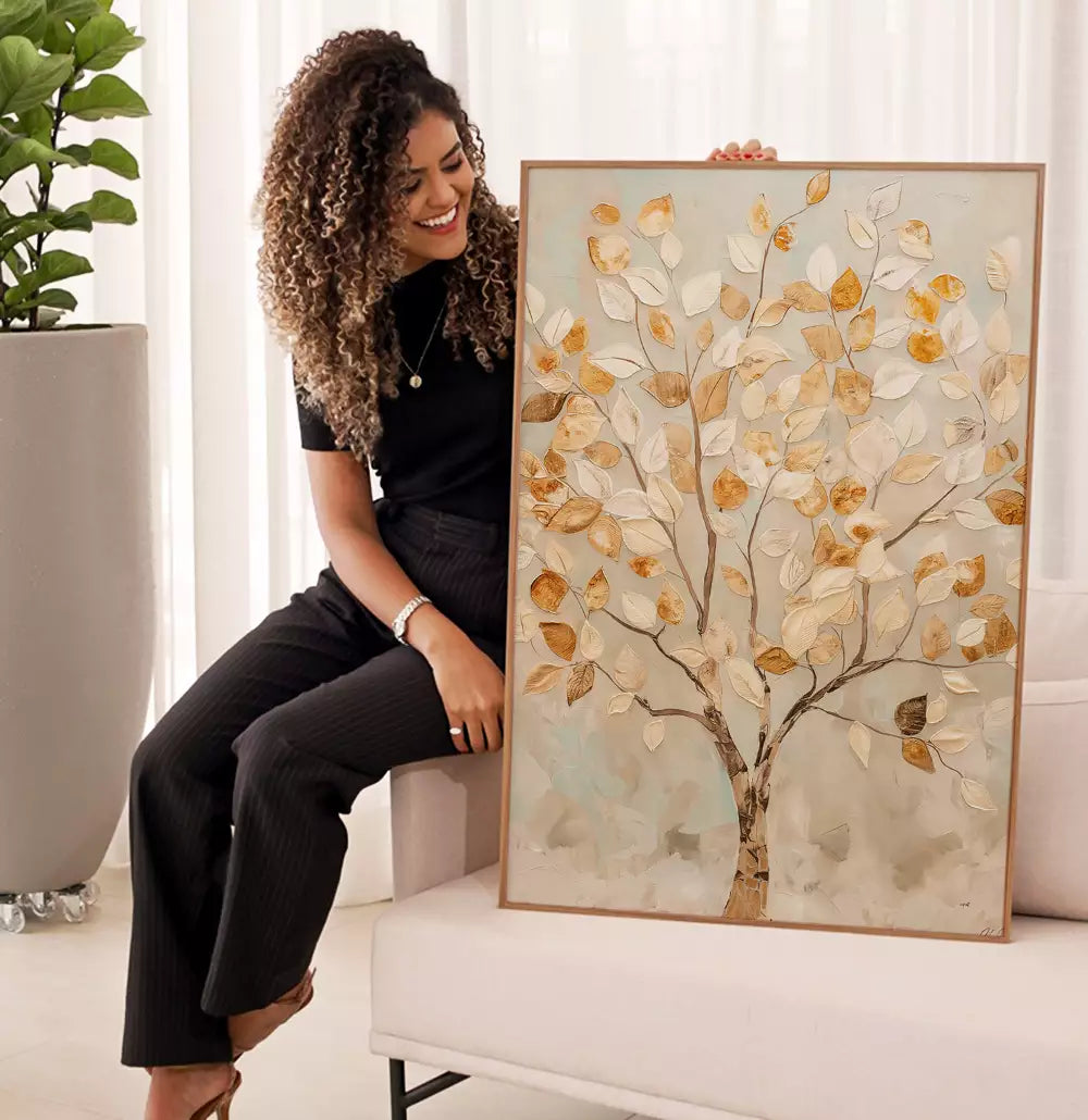 Quadro Decorativo Pintura Árvore das Grandes Folhas de Ouro Textura Estilo Gesso · foto 5