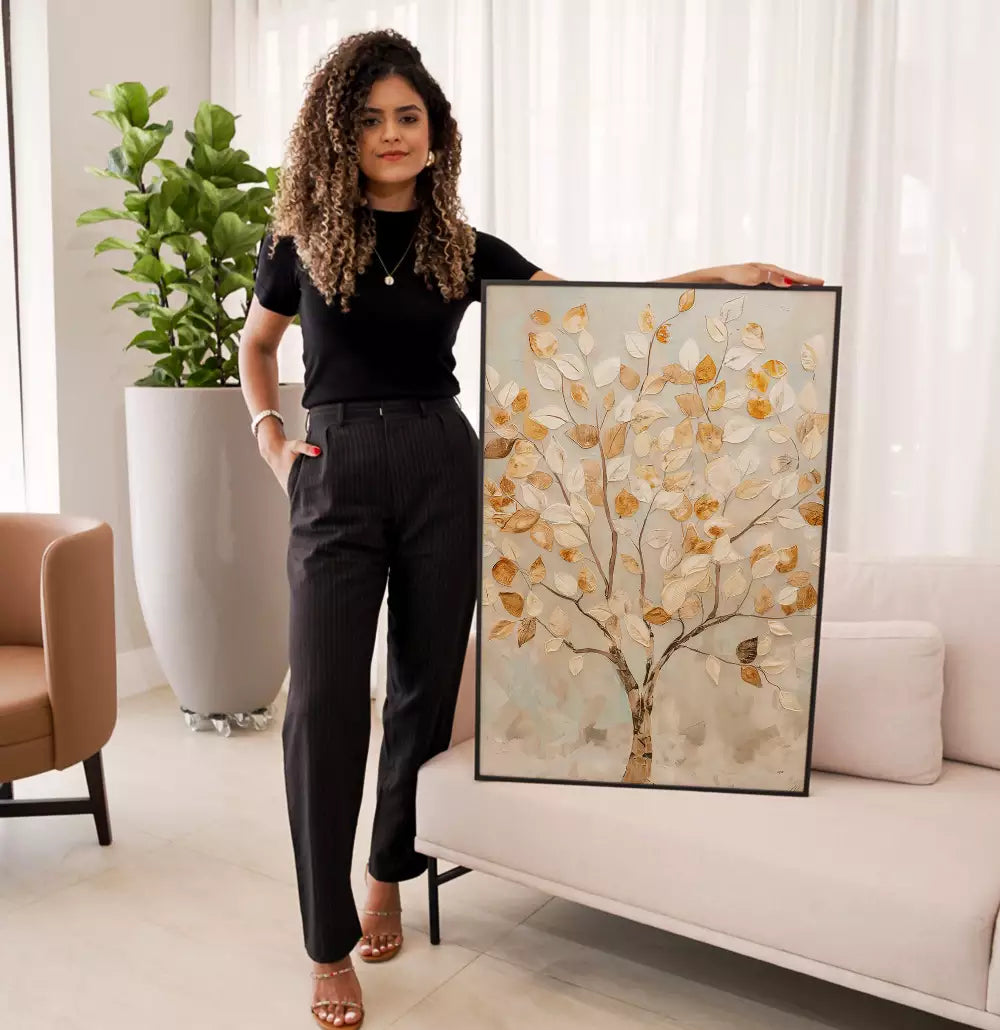 Quadro Decorativo Pintura Árvore das Grandes Folhas de Ouro Textura Estilo Gesso · foto 6
