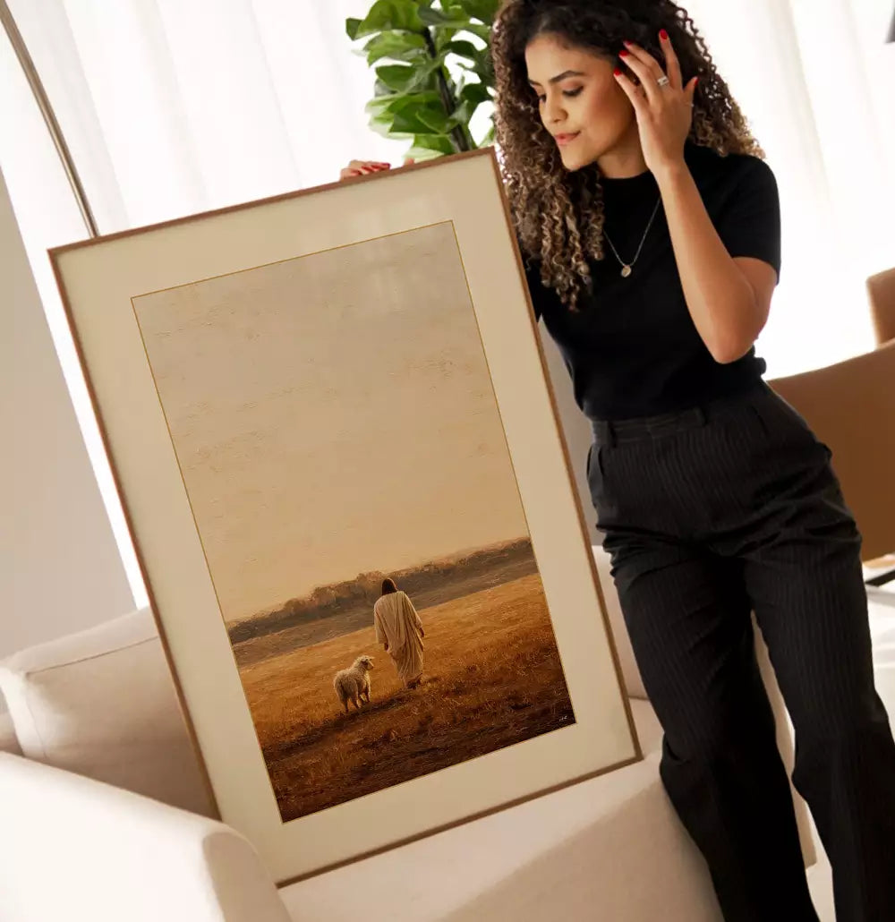 Quadro Decorativo Pintura O Pastor e a Ovelha Caminhando Pelos Campo Ensolarado · foto 2