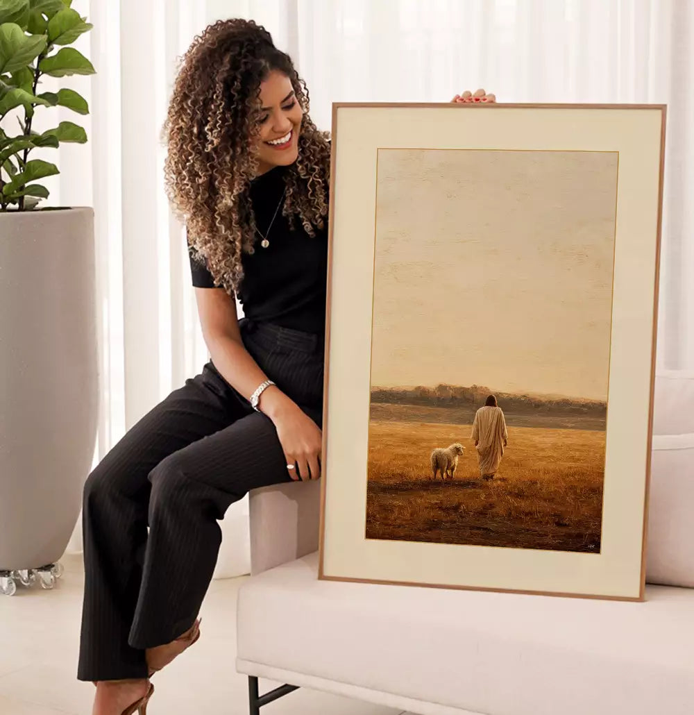 Quadro Decorativo Pintura O Pastor e a Ovelha Caminhando Pelos Campo Ensolarado · foto 5