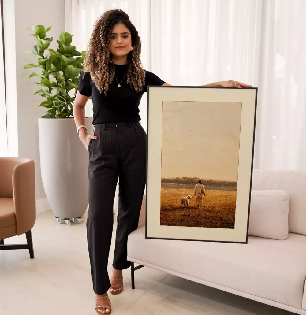 Quadro Decorativo Pintura O Pastor e a Ovelha Caminhando Pelos Campo Ensolarado · foto 6