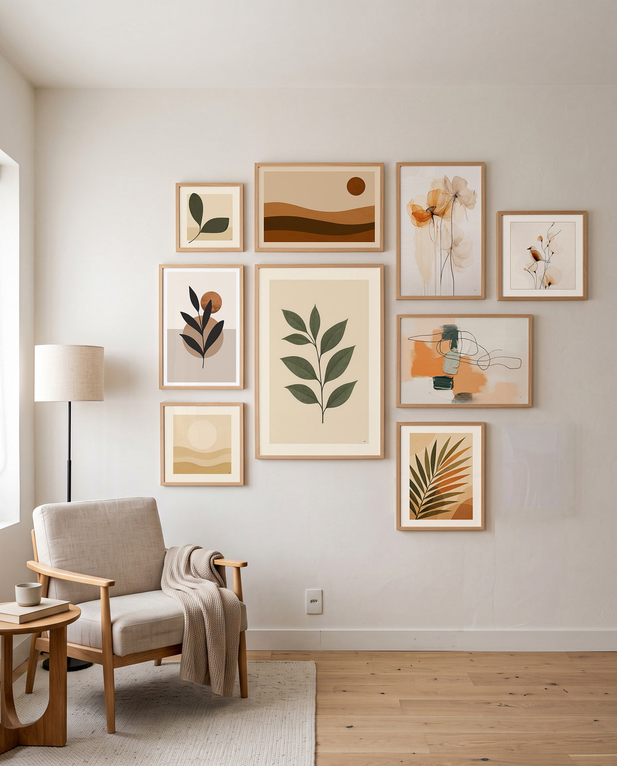 Parede de galeria com nove quadros decorativos em tons terrosos e verdes, poltrona e mesa lateral