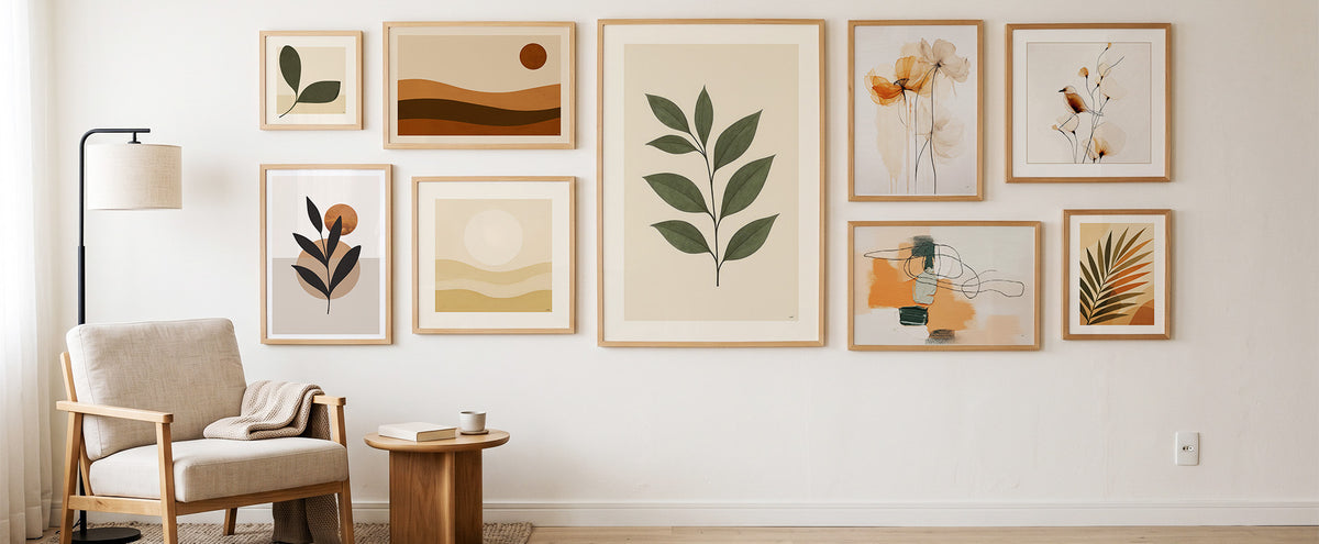 Parede de galeria com nove quadros decorativos em tons terrosos e verdes, poltrona e mesa lateral