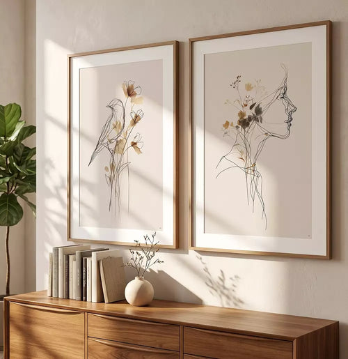 Kit Quadro Decorativo A Mulher e o Pássaro Natureza em Linhas