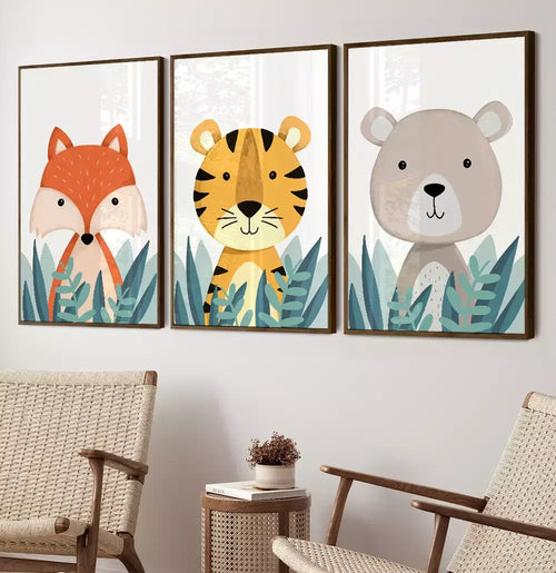 Trio Quadro Decorativo A Raposa O Tigre e O Urso Babys Na Floresta