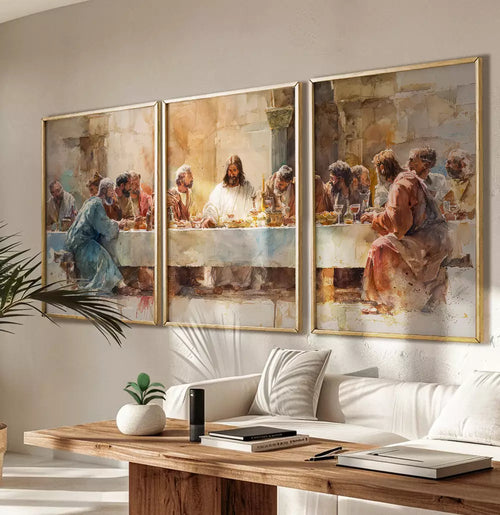 Trio Quadro Decorativo A Santa Ceia Pintura Aquarela