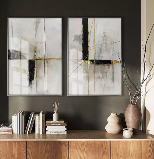 Kit Quadro Decorativo Abstrato BlackGold Linhas Cruzadas