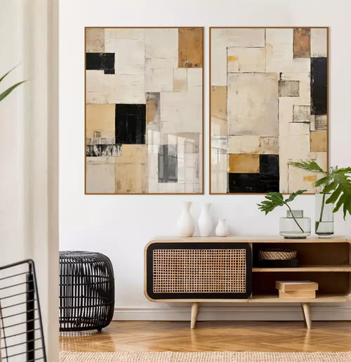 Kit Quadro Decorativo Abstrato Linhas Retangulares OffWhite Black