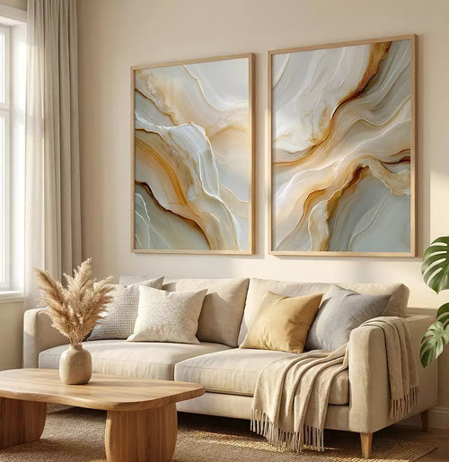 Kit Quadro Decorativo Abstrato Mármore Branco e Dourado