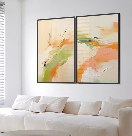 Kit Quadro Decorativo Abstrato Pintura Tons Salmão com Verde
