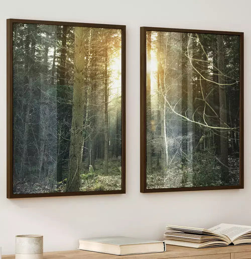 Kit Quadro Decorativo As Árvores e o Pôr do Sol Na Floresta