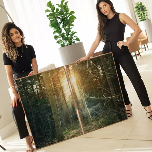 Kit Quadro Decorativo As Árvores e o Pôr do Sol Na Floresta