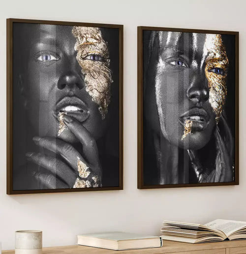 Kit Quadro Decorativo As Duas Expressões - Pintura Black Textura Gold