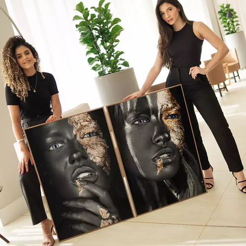 Kit Quadro Decorativo As Duas Expressões - Pintura Black Textura Gold