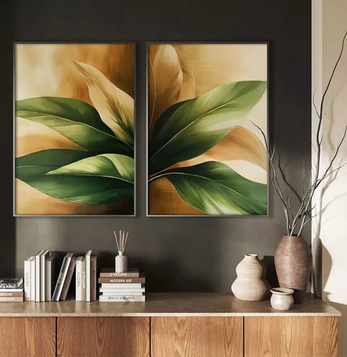 Kit Quadro Decorativo As Folhas Verdes no Ouro