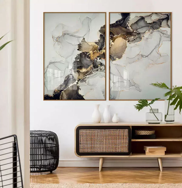Duo Quadro Decorativo Black River Gold Liquid - Coleção Color Prime