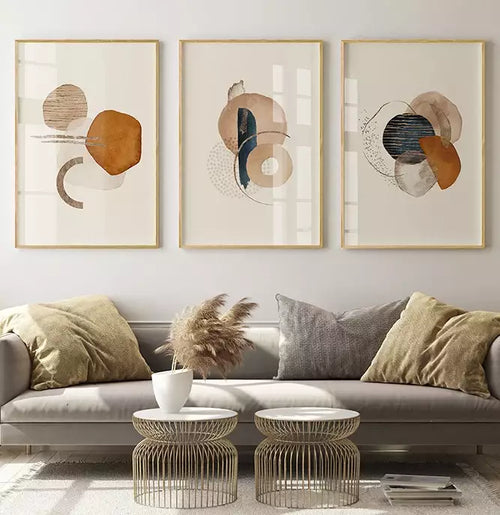 Trio Quadro Decorativo Boho Style Amarelo Com Bege e Linhas Gold 10 Off