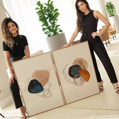 Kit Quadro Decorativo Boho Style Azul Bege e Linhas Gold 5 Off