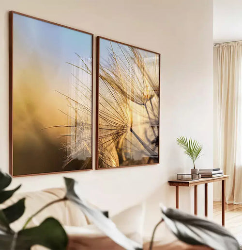 Duo Quadro Decorativo Dente de Leão Dourado Pelo Pôr do Sol