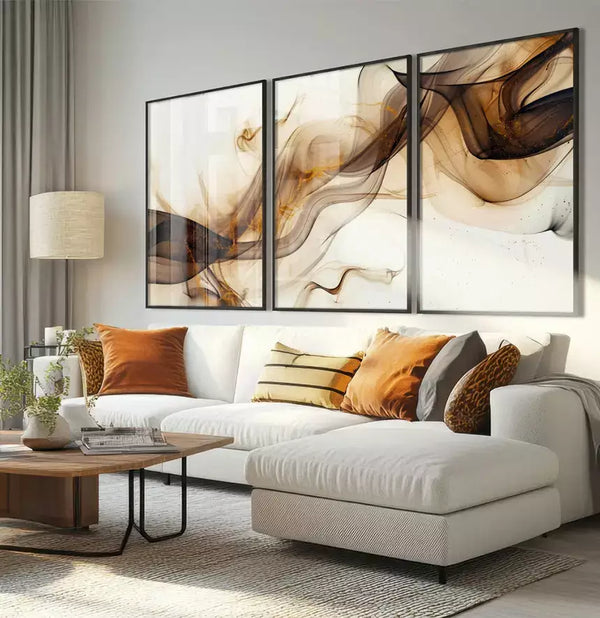 Trio Quadro Decorativo Fios De Fumaça Marrom Com Ouro