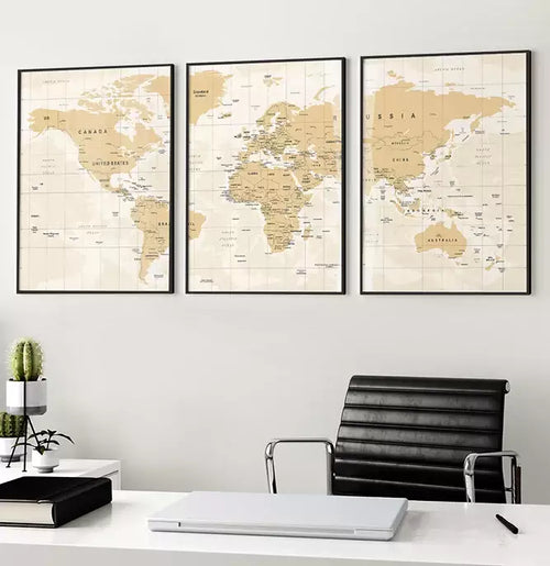 Trio Quadro Decorativo Mapa Mundi Quadriculado com Todos os Países