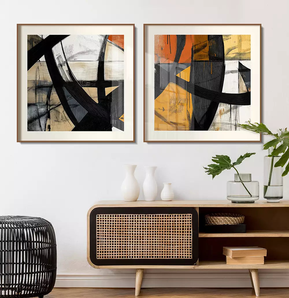 Duo Quadro Decorativo Pintura Abstrata Pinceladas Coloridas Circulares em ambiente decorado