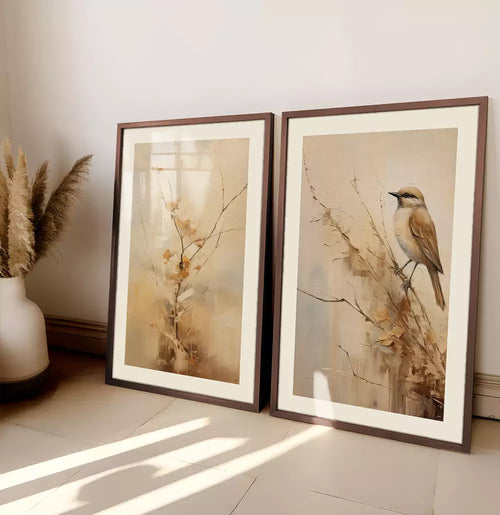 Duo Quadro Decorativo Pintura Pássaro no Galho Seco
