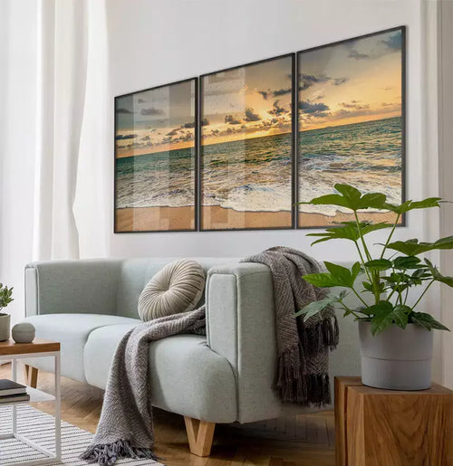 Trio Quadro Decorativo Pôr Do Sol No Horizonte Do Mar