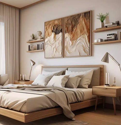 Duo Quadro Decorativo Textura Estilo Gesso Off White com Terra