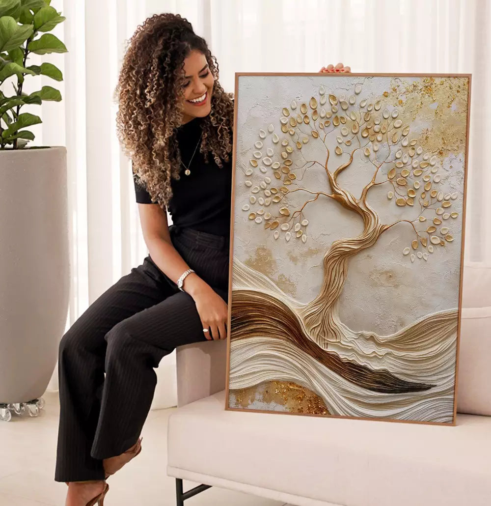 Quadro Decorativo Árvore Esculpida Folhas Brancas e Douradas Textura Estilo Gesso · foto 5