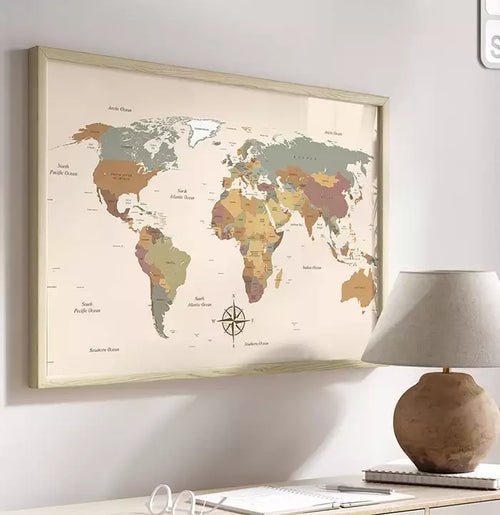 Quadro Decorativo Mapa Mundi Clássico Nomeado com Países