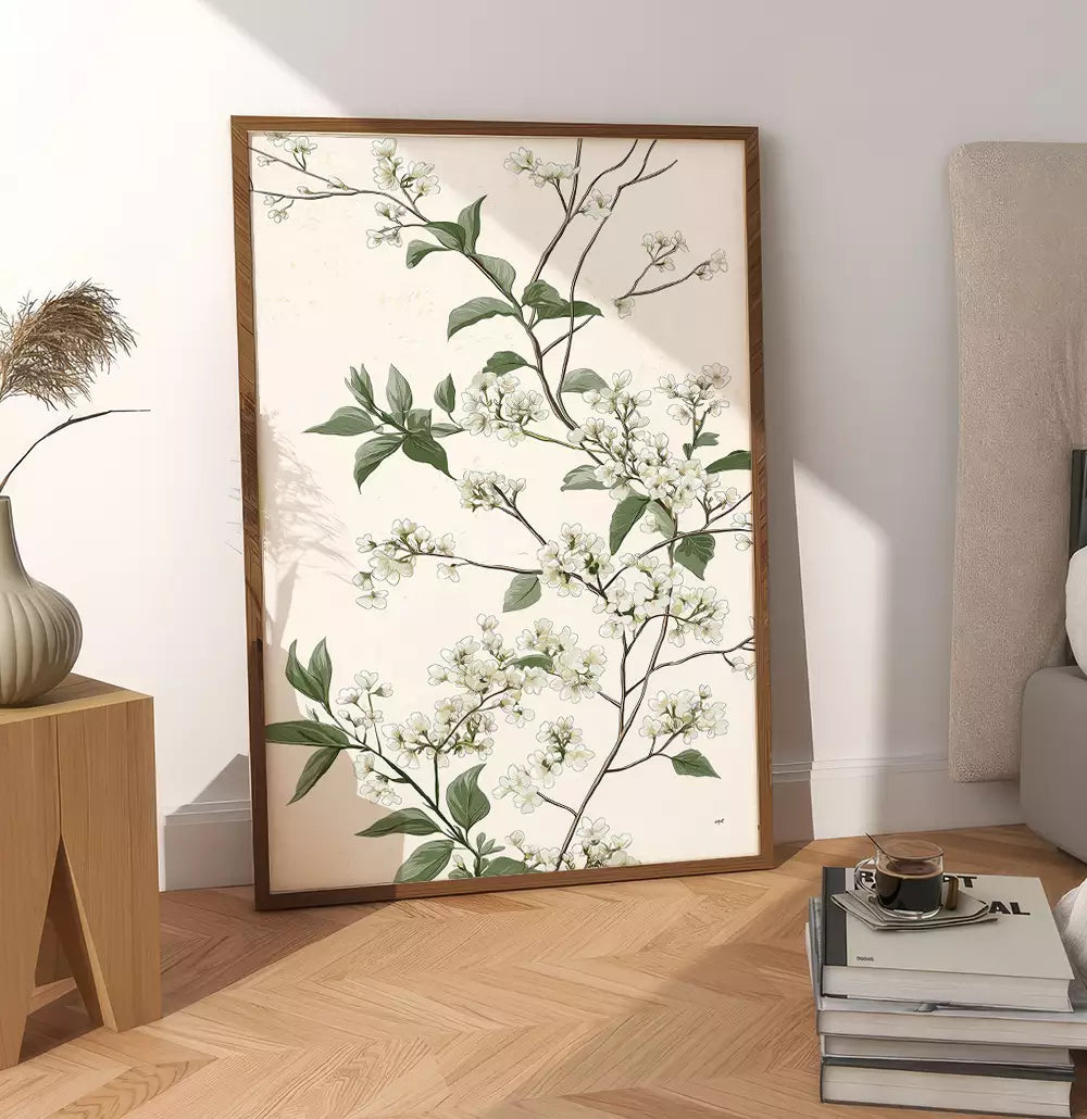 Quadro Decorativo Pintura Floral Ramos e Flores Brancas em ambiente decorado
