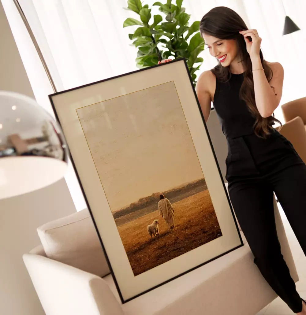 Quadro Decorativo Pintura O Pastor e a Ovelha Caminhando Pelos Campo Ensolarado · foto 3