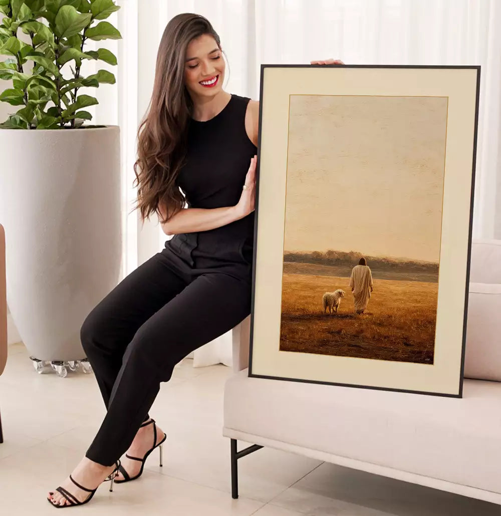 Quadro Decorativo Pintura O Pastor e a Ovelha Caminhando Pelos Campo Ensolarado · foto 4